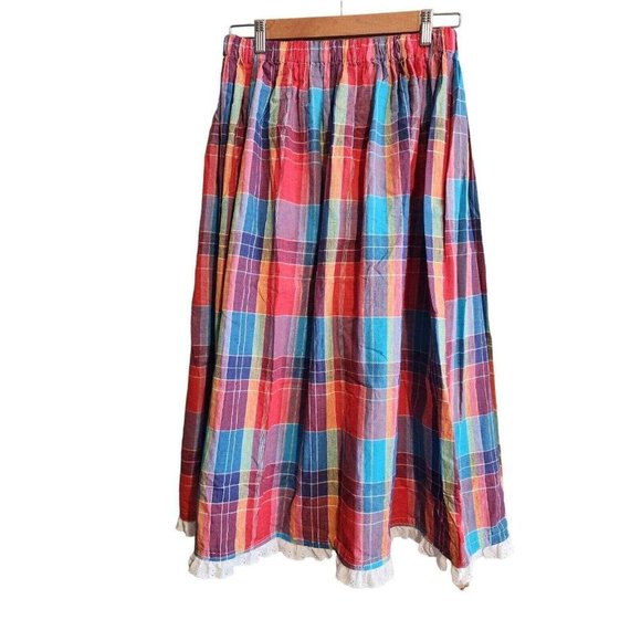 vintage Dresses & Skirts - Vtg 80s handmade colorful madras plaid a line skirt eyelet hem M modest summer